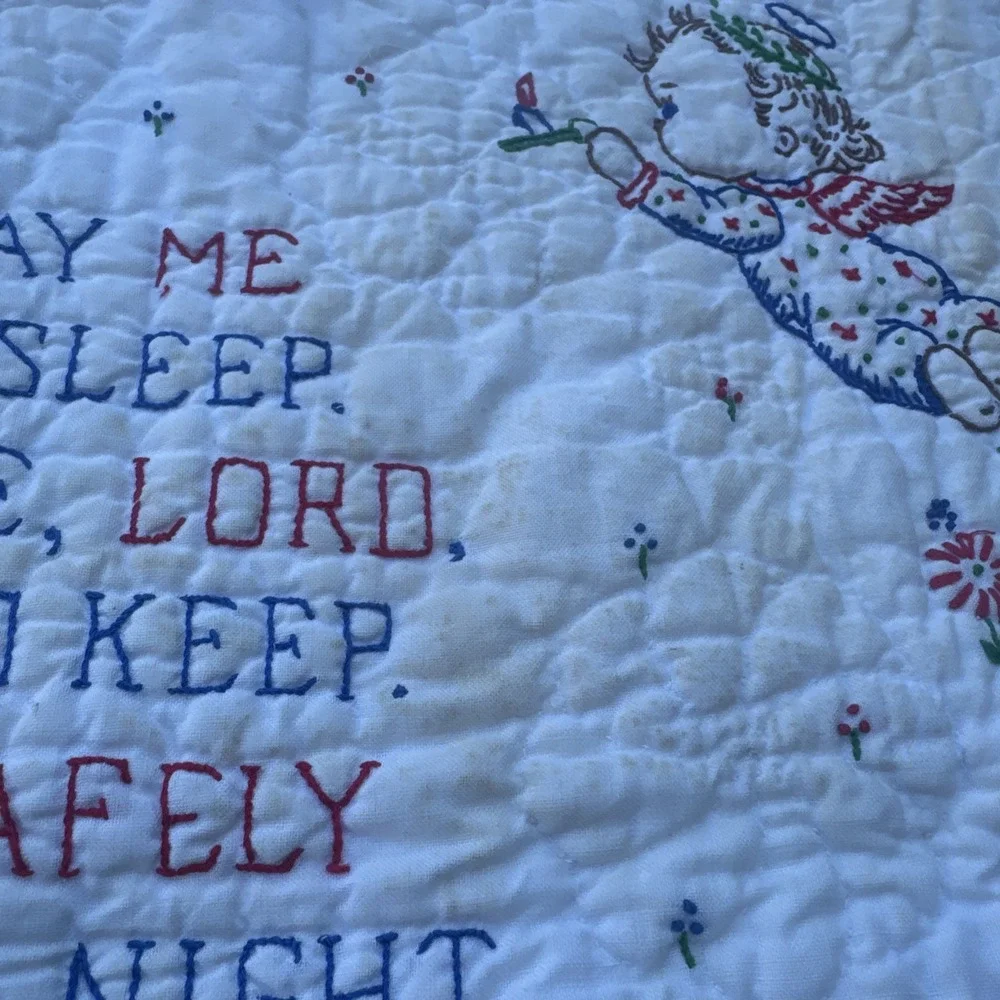 VTG Baby Crib Prayer Blanket 33x46 Angels Now I Lay Me Down To Sleep Embroidered